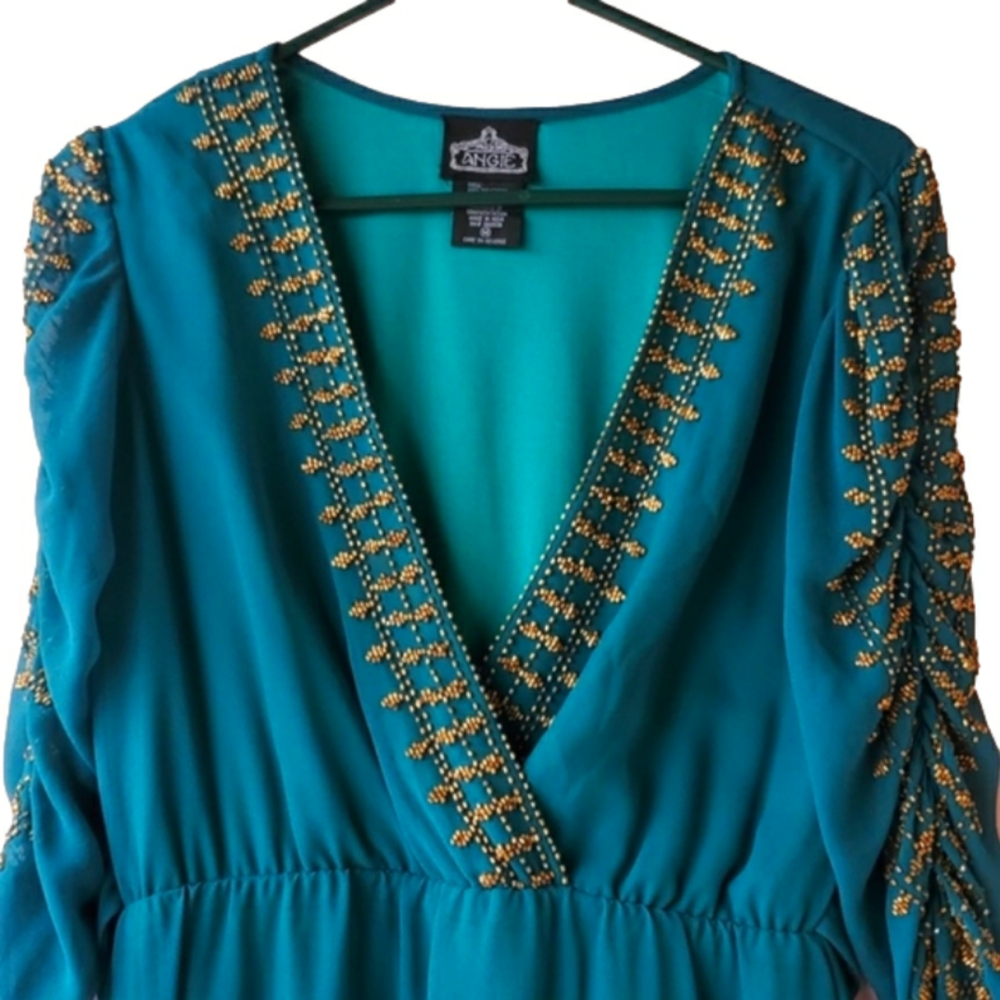 Angie Emerald gold metal beaded flowing dress with ruched sleeves